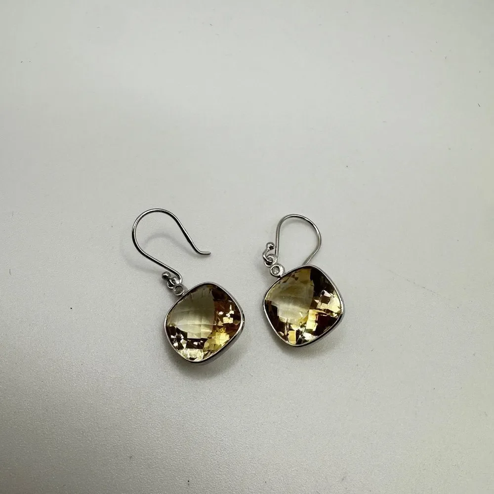7.11cts faceted checkerboard cushion cut citrine on 925‎ dangle earrings!
